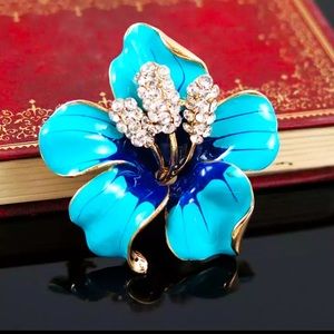 Big Blue Rhinestone Enamel Flower Brooch Pendant